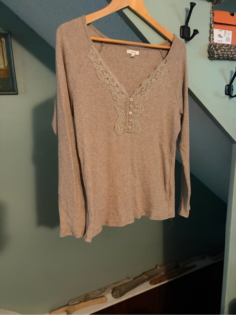 Maurices Lace-Trim Ribbed Long-Sleeve Top in Taupe